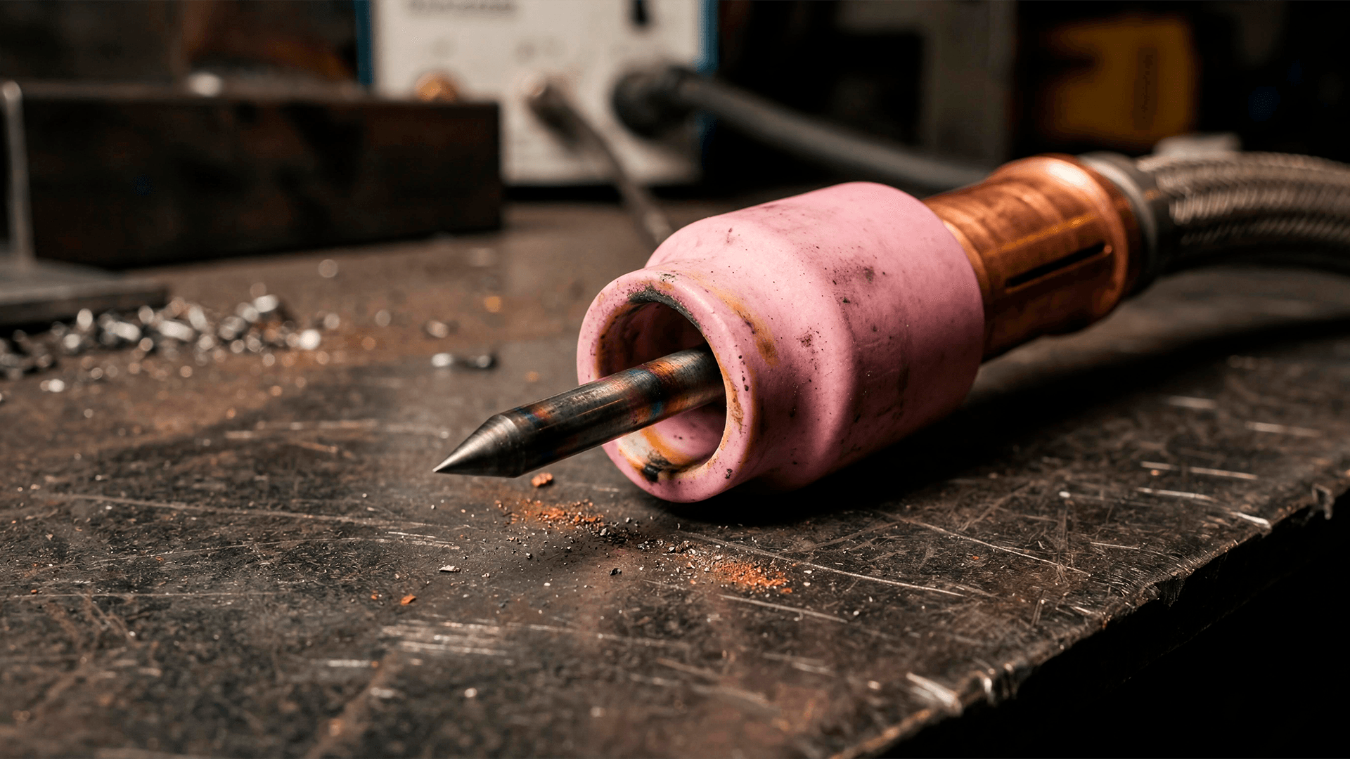 Antorcha de soldadura TIG con electrodo de tungsteno sobre una mesa de trabajo desgastada