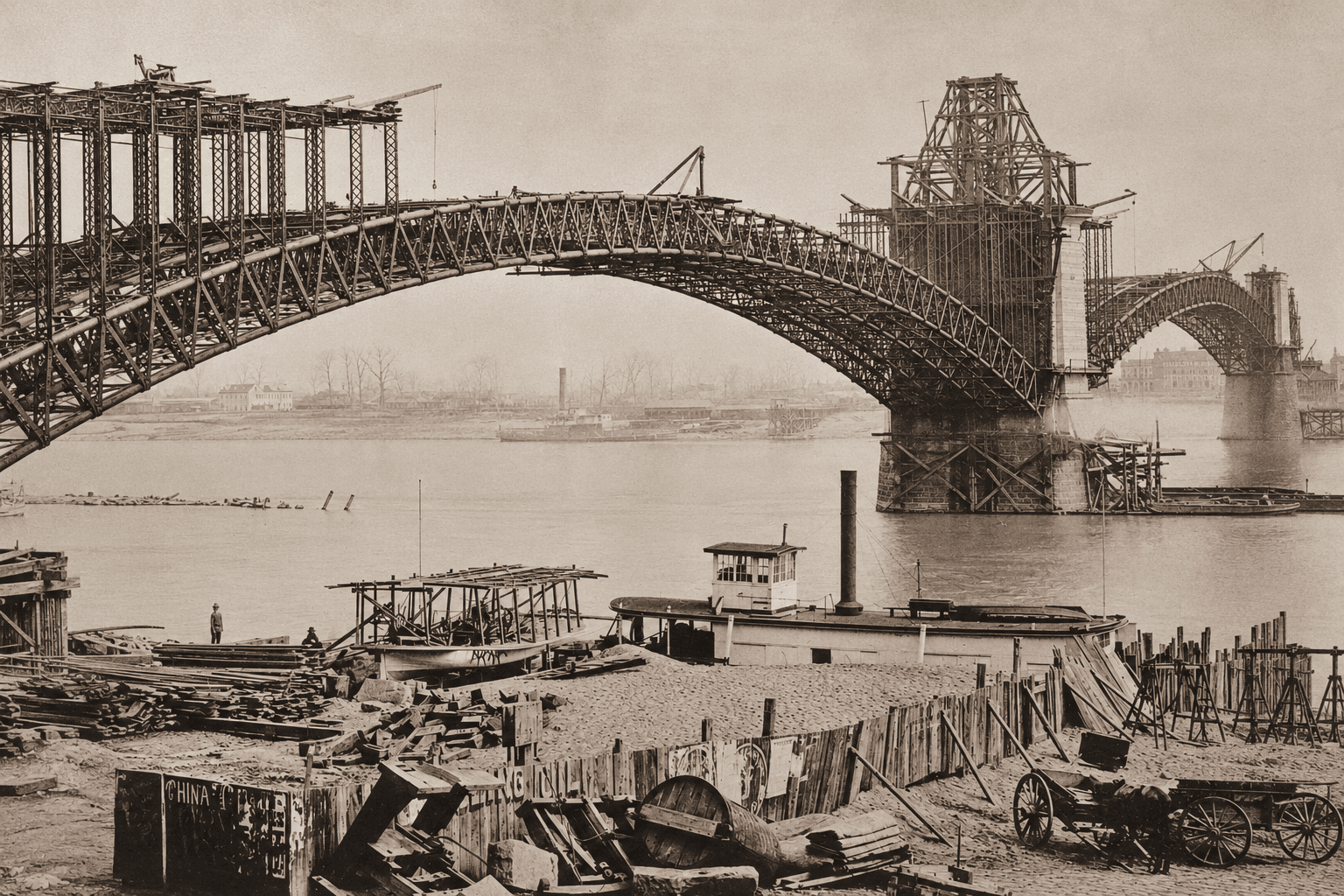 Fotografía histórica del puente EADS en construcción, primer gran uso estructural del acero